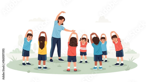 Diverse group of happy children and a female teacher engaged in outdoor morning exercises, promoting health and fitness in a vibrant educational setting for physical well-being