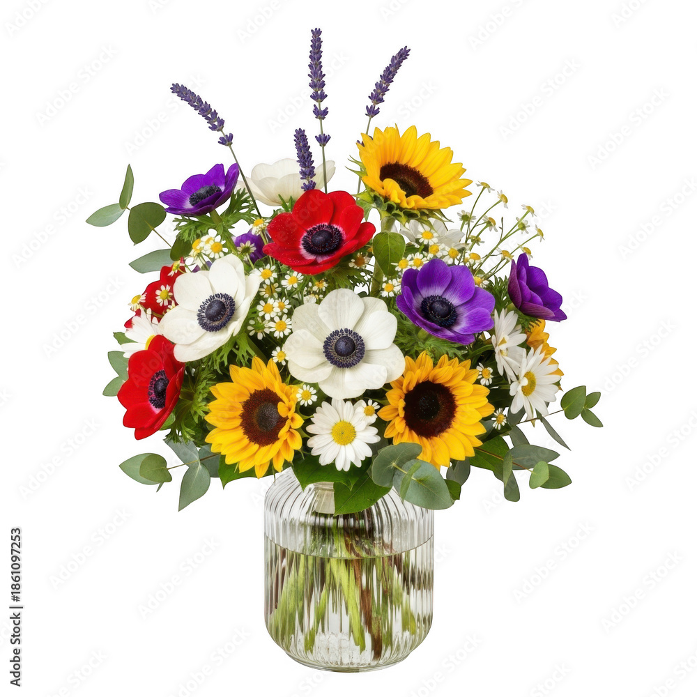 Naklejka premium Vibrant wildflower bouquet in glass vase