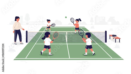 Children practicing tennis on a court with a coach and nets