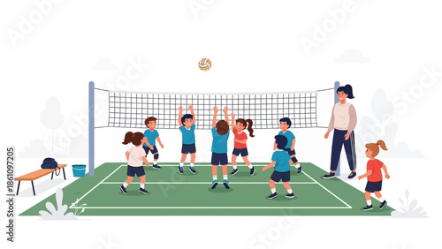 Children playing volleyball on a green court with a net and a ball in the air during a game