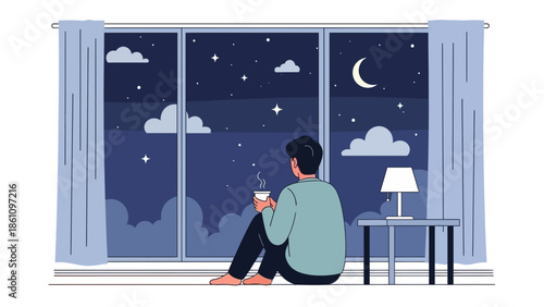 A person sitting by a large window at night, enjoying a warm drink while looking at the starry sky and clouds