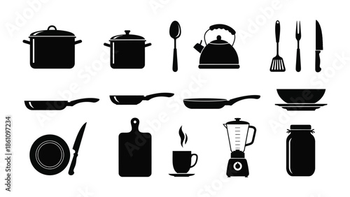 Culinary Essentials: A set of kitchen tools and cookware silhouettes, a visual symphony of cooking and culinary endeavor.