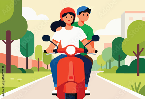 Couple enjoying a ride on a red scooter through a scenic park with lush trees