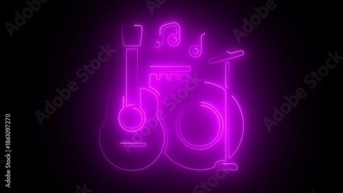 Neon Glowing Musical Instruments Abstract Animation Purple Background Digital music symbols guitar outline