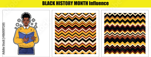 A person reading a book with lightbulb ideas and zigzag patterns in yellow, black, and