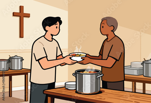 Helping hands offer warm food near a cross