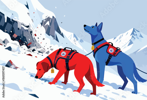 Rescue dogs search a snowy mountain slope after an avalanche