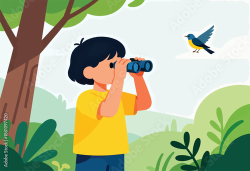 Child using binoculars in a natural setting to observe a bird