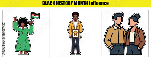 Black History Month with a woman holding a flag, a man receiving an and a couple standing