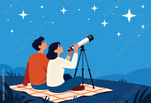Couple stargazing with a telescope on a blanket under a starry sky