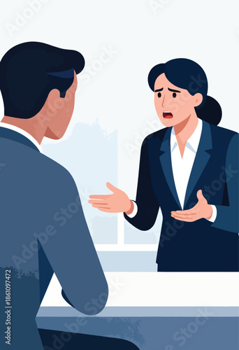 Two business professionals in a tense discussion, one gesturing earnestly