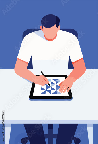 Person using stylus on tablet with geometric pattern on screen