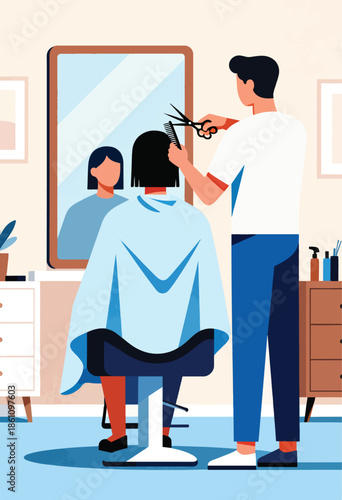 Stylized illustration of a barber cutting hair in a salon