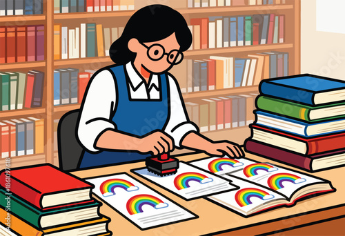 Librarian stamps rainbow drawings on papers surrounded by stacks of books