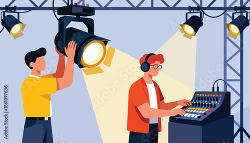 Stage crew adjusting lights and soundboard for performance