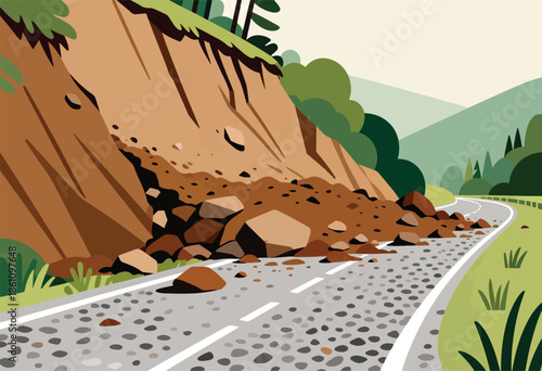 Road blocked by a large landslide of rocks and soil, obstructing traffic