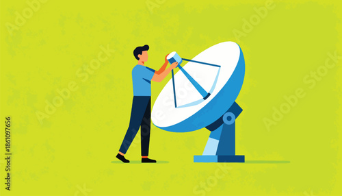 Person adjusting satellite dish for communication