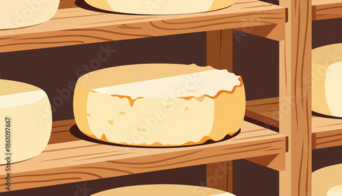 Large round cheeses displayed on rustic wooden shelves, some partially eaten
