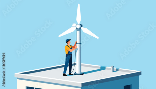 Technician works on a rooftop wind turbine with clear blue skies