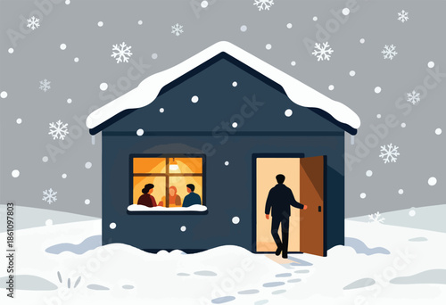 A man enters a cozy home filled with warm light as snow falls outside