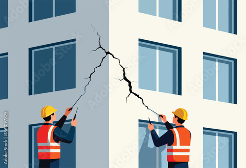 Workers inspect a large crack in a building's facade with tools