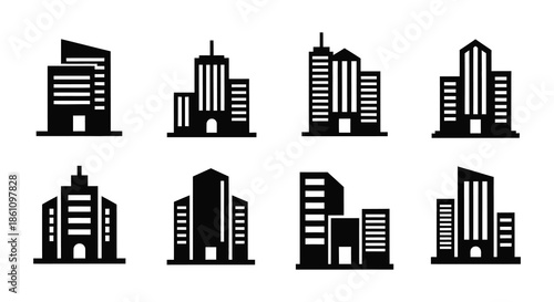 A collection of modern city skyscrapers in a bold black and white graphic silhouette