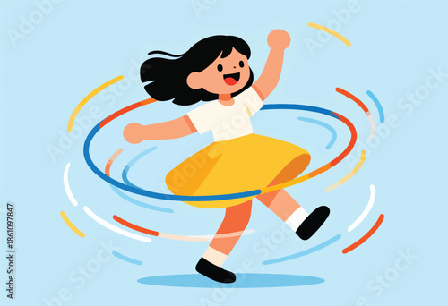 Joyful child with flowing hair spins a colorful hoop with motion lines