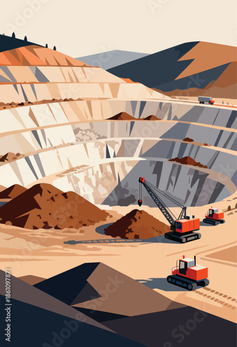 Excavator, crane, and truck operate within a layered, open-pit mine under a pale sky