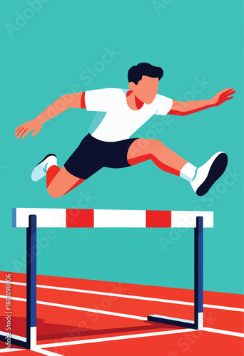 Athlete hurdles over a red and white obstacle on a track