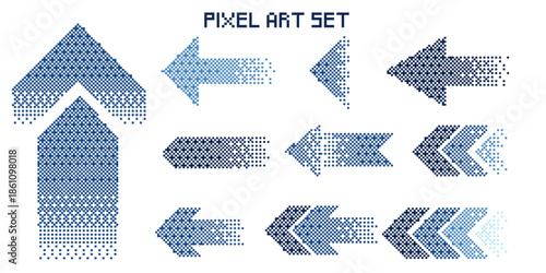 Pixel Art Arrow Direction Set with Blue Tone Gradient Dithering Effect on White Background
