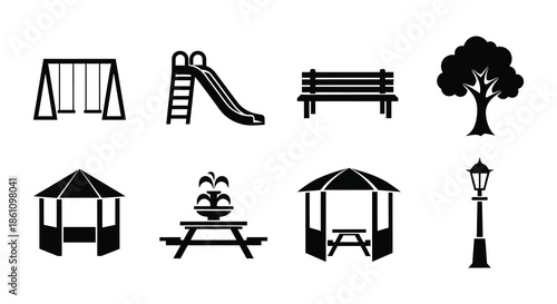 A collection of black park elements including swings slides and trees all silhouette