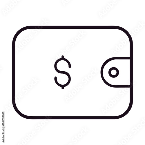 Clean line art icon of a wallet with a prominent dollar sign, representing financial concepts, money management, payment methods, and savings, isolated on