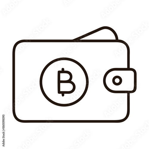 A minimalist line art icon depicting a digital wallet with a prominent bitcoin symbol, representing cryptocurrency storage, online finance, and secure blockchain transactions, isolated on