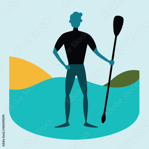 Paddle boarder standing with paddle in hand calm.