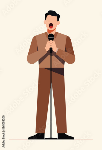 Flat illustration of a man in a suit holding a microphone and singing