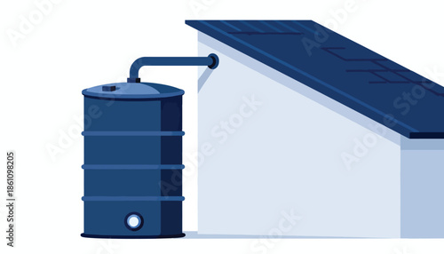 Blue rain barrel attached by pipe to a light blue structure with dark roof
