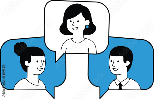 conference call via video. Using an application, a group of people communicate with partners, coworkers, or teammates. online conference or webinar for education. editable stroke, vector, illustration