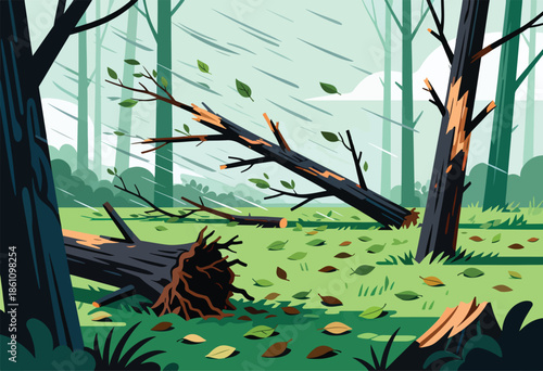 Storm-damaged forest scene with fallen trees and scattered leaves