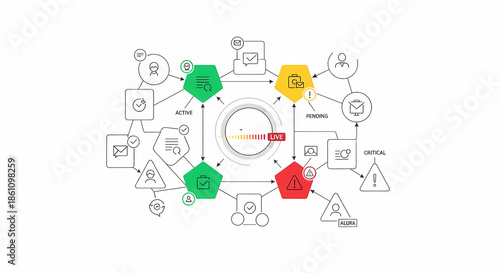 Business Process Flowchart with Icons and Hexagonal Shapes.