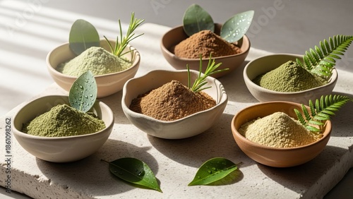 Assortment of natural cosmetic powders in ceramic bowls, garnished with fresh green leaves and sprigs, evoking skincare and beauty.