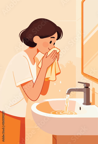 Young person dries face with towel near sink with running water