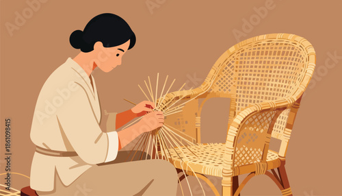 Woman weaving a rattan chair with focused attention