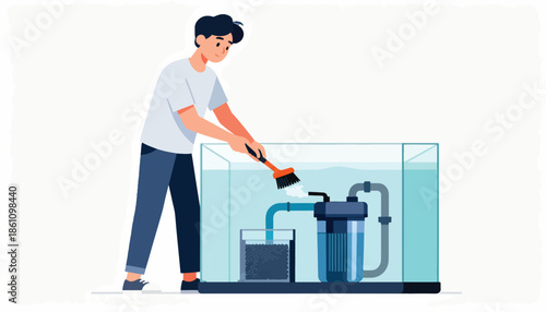 Young person cleaning a fish tank filter with a brush