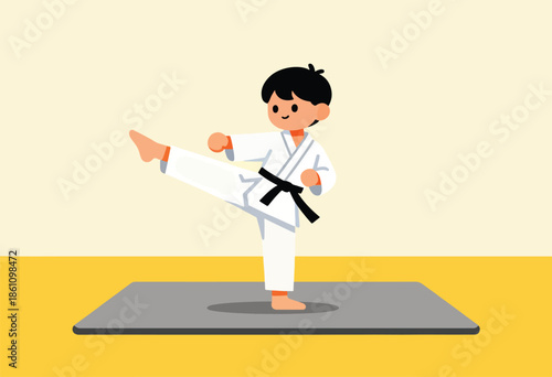 A child in a white gi with a black belt performs a martial arts kick
