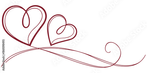 Two elegant dark red hearts intertwine above a graceful flourish, evoking romance and timeless affection.