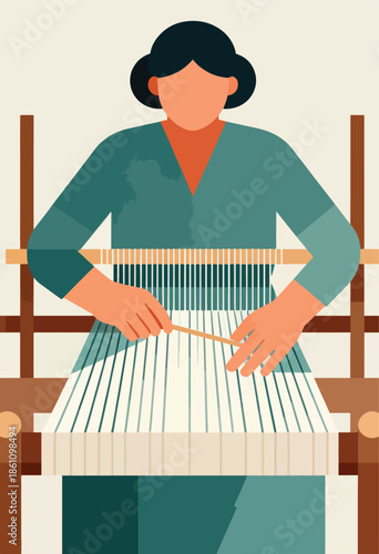 Figure at loom weaves fabric with vibrant threads