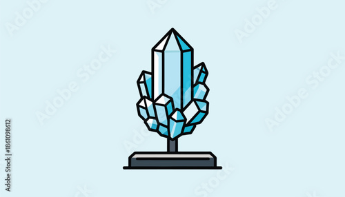 Stylized cluster of blue crystals on a dark base against a light blue background