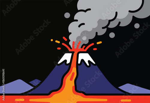 Stylized illustration of a volcanic eruption with lava flow and smoke plumes