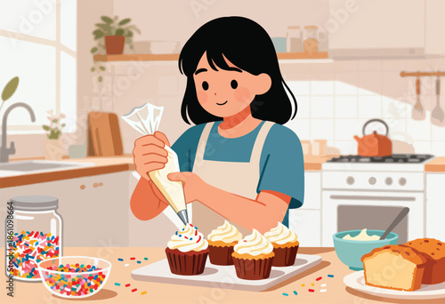 A child decorates cupcakes with frosting and sprinkles in a kitchen