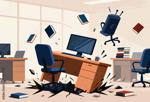 An office desk is toppling over, with chairs and books flying around